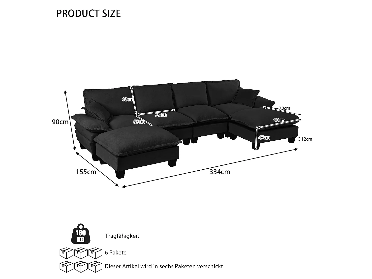 4-osobowa sofa modułowa w kształcie U z ruchomymi pufami, z czarnej tkaniny szenilowej