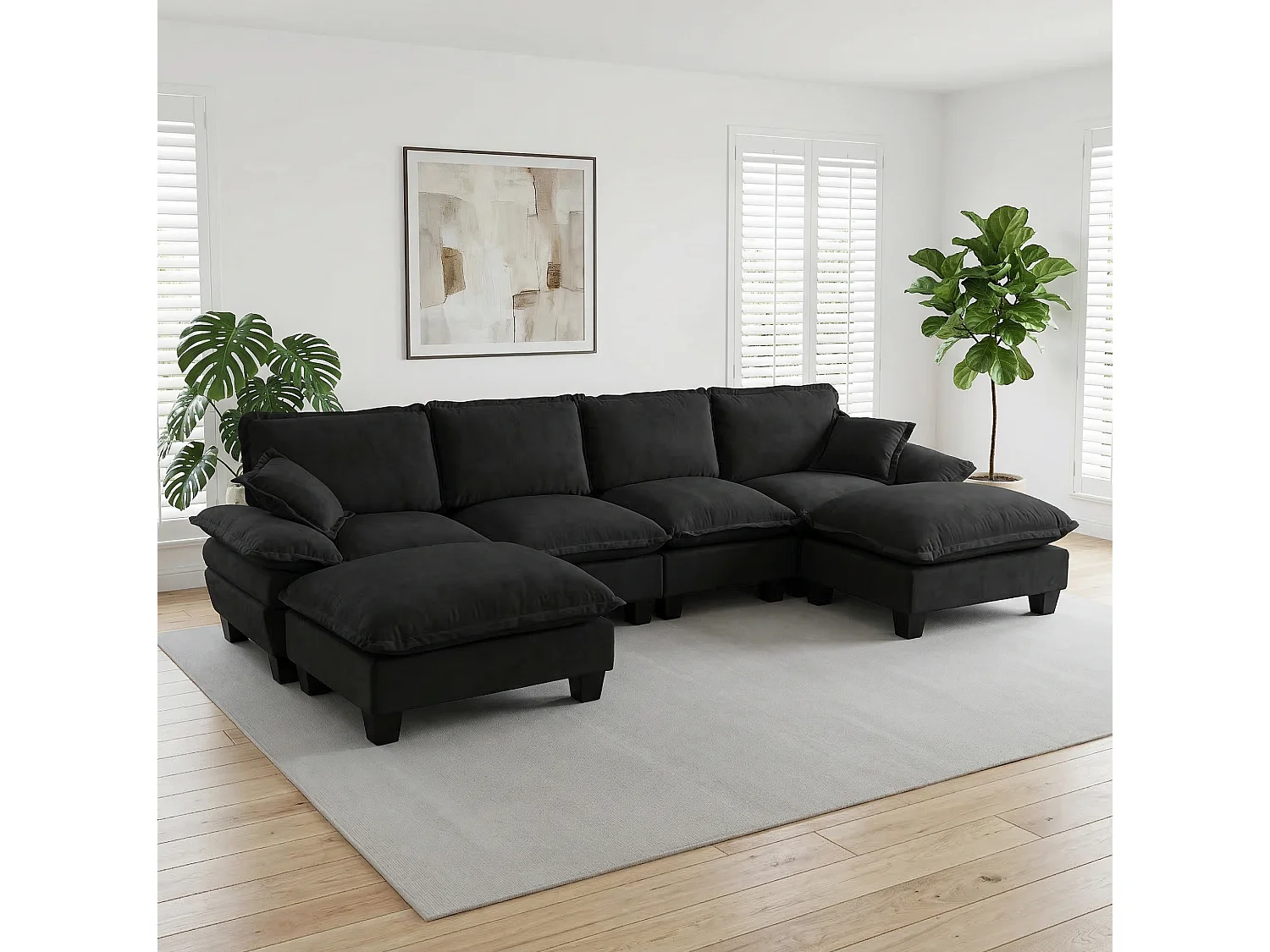 4-osobowa sofa modułowa w kształcie U z ruchomymi pufami, z czarnej tkaniny szenilowej
