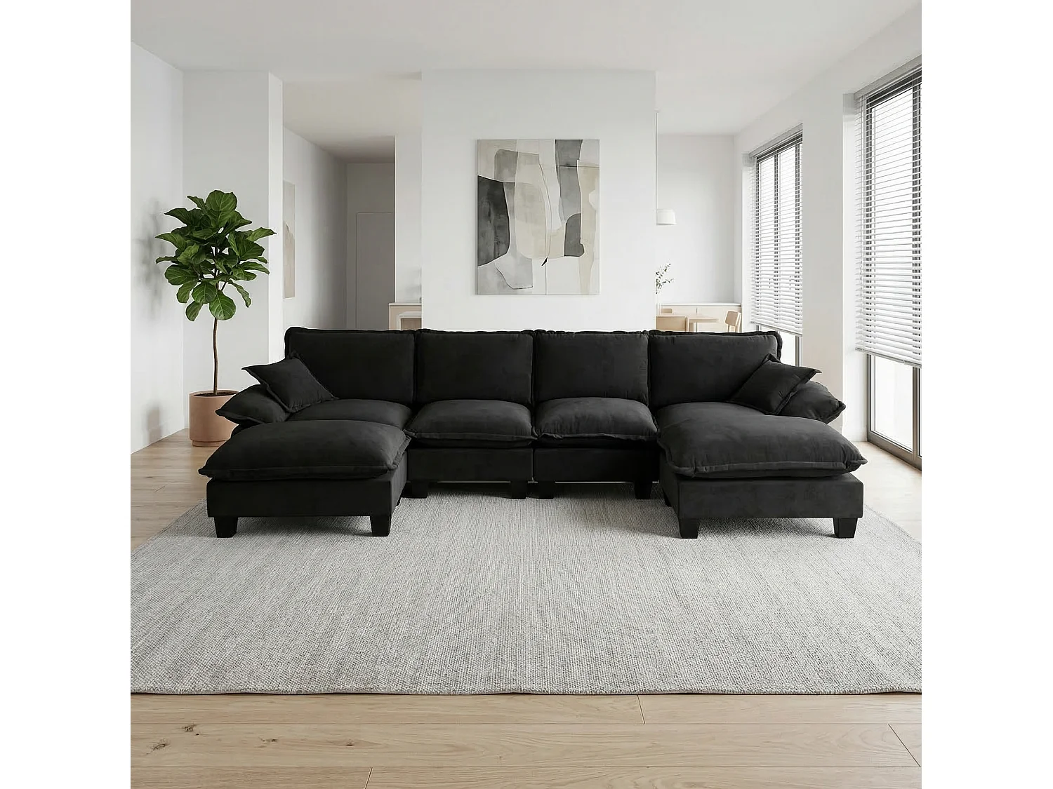 4-osobowa sofa modułowa w kształcie U z ruchomymi pufami, z czarnej tkaniny szenilowej