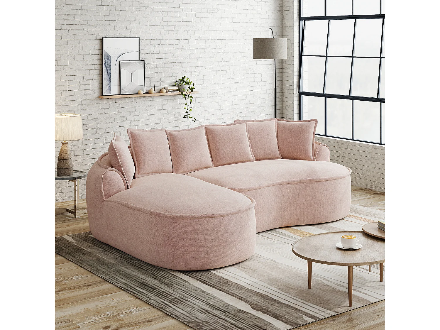 Canapé d'angle 3 places avec coussins de dossier et assise profonde, en chenille, rose, angle à droite, 252x164x67 cm