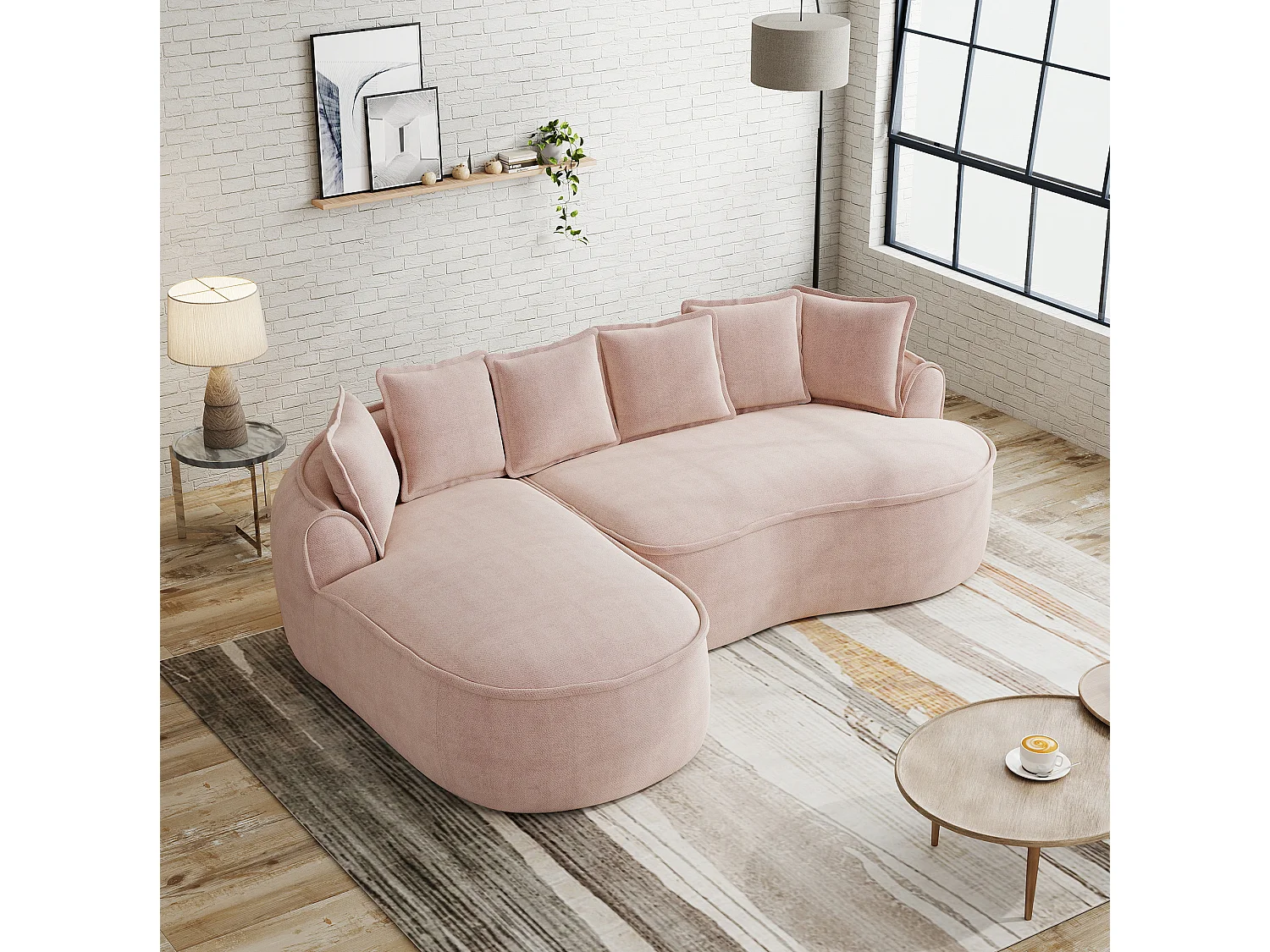 Canapé d'angle 3 places avec coussins de dossier et assise profonde, en chenille, rose, angle à droite, 252x164x67 cm