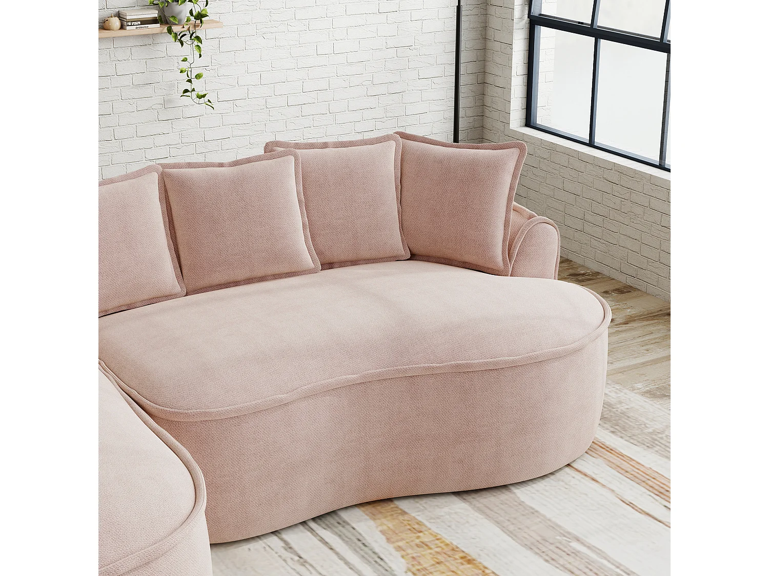 Canapé d'angle 3 places avec coussins de dossier et assise profonde, en chenille, rose, angle à droite, 252x164x67 cm