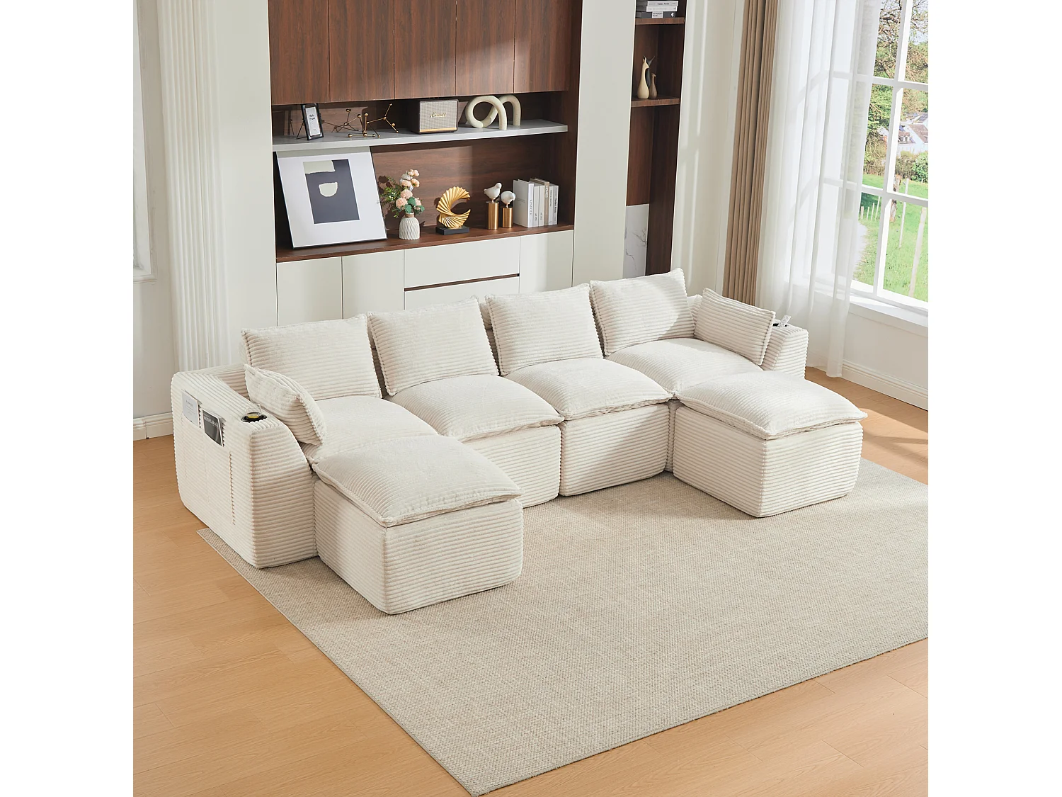 Sofá modular de 4 plazas con 2 pufs, cojines, portavasos y bolsillos laterales, en pana beige