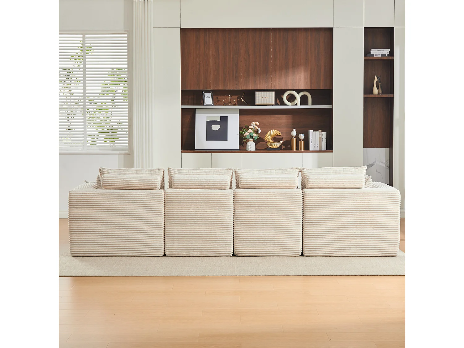 Sofá modular de 4 plazas con 2 pufs, cojines, portavasos y bolsillos laterales, en pana beige