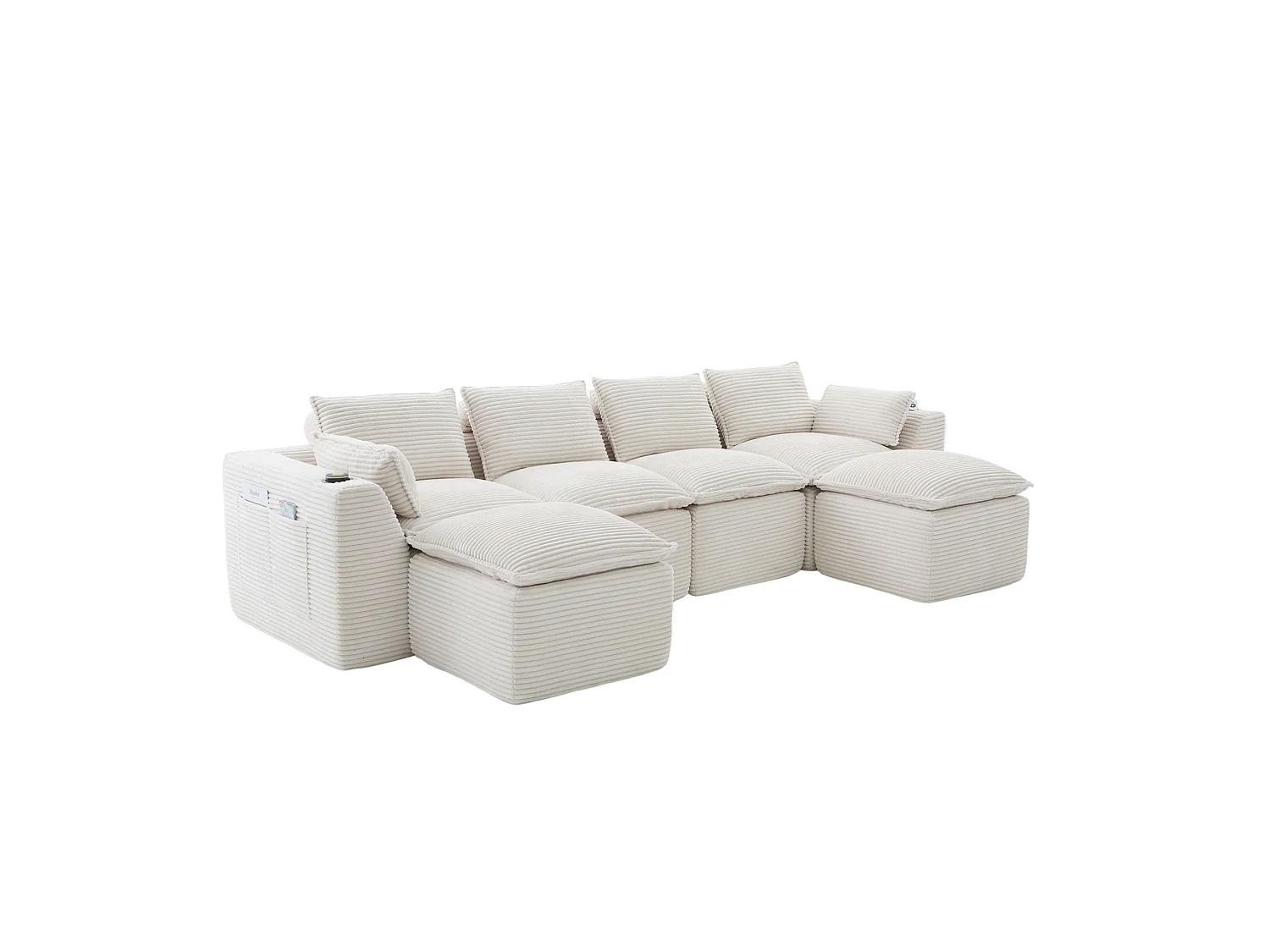 Sofá modular de 4 plazas con 2 pufs, cojines, portavasos y bolsillos laterales, en pana beige