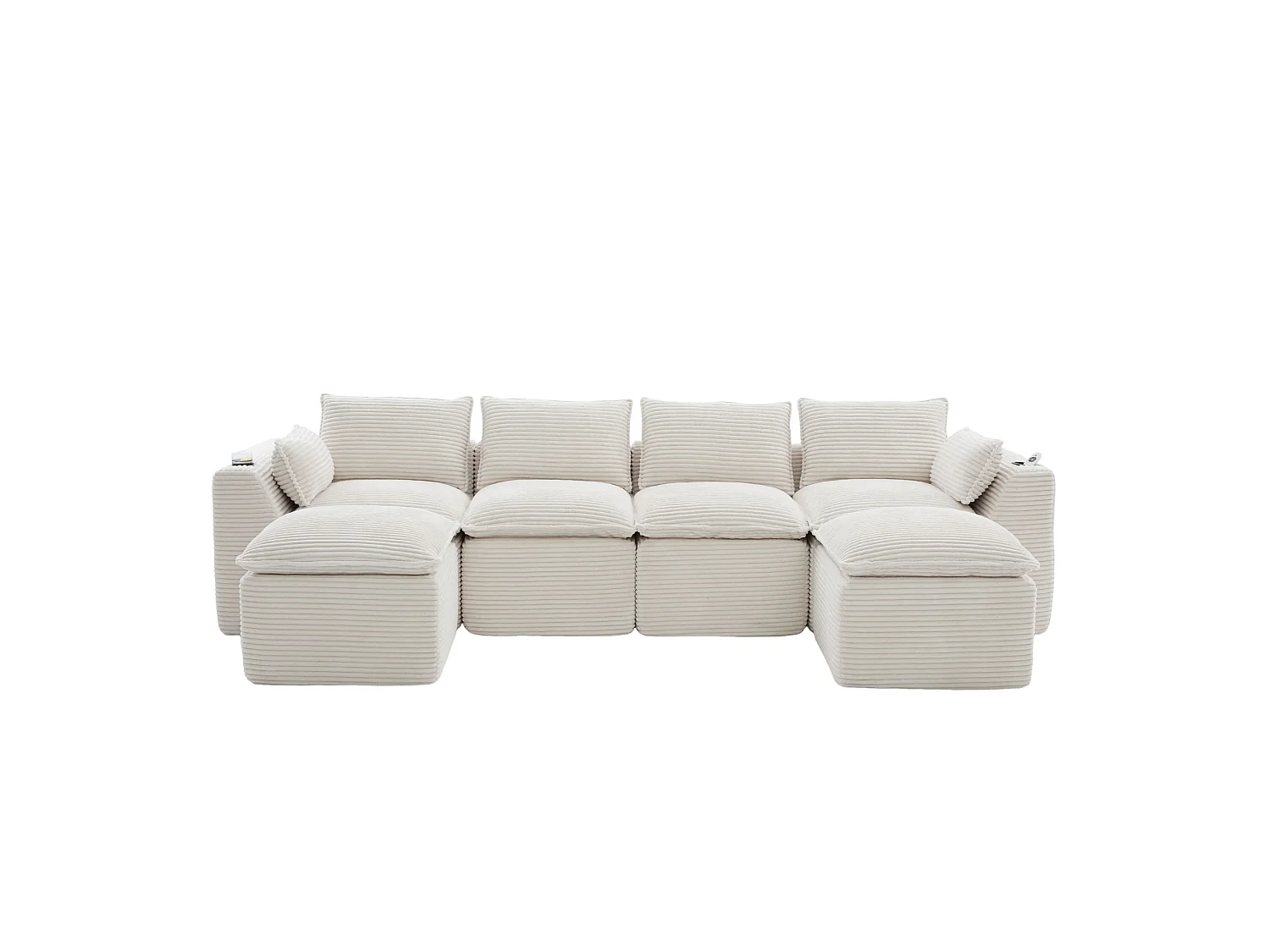 Sofá modular de 4 plazas con 2 pufs, cojines, portavasos y bolsillos laterales, en pana beige