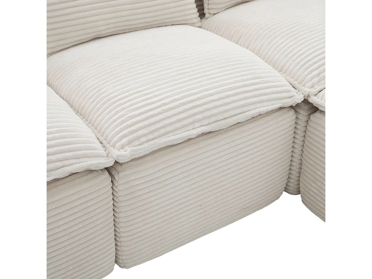 Sofá modular de 4 plazas con 2 pufs, cojines, portavasos y bolsillos laterales, en pana beige