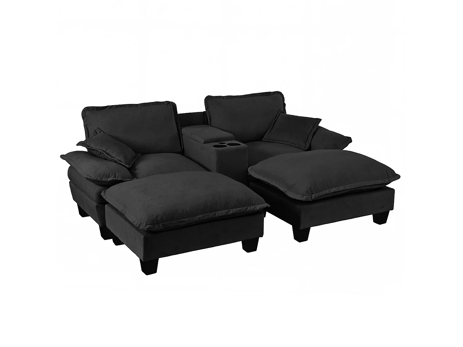 2-osobowa sofa modułowa ze schowkiem, z 2 zdejmowanymi podnóżkami, uchwytami na kubki i portami USB, czarna