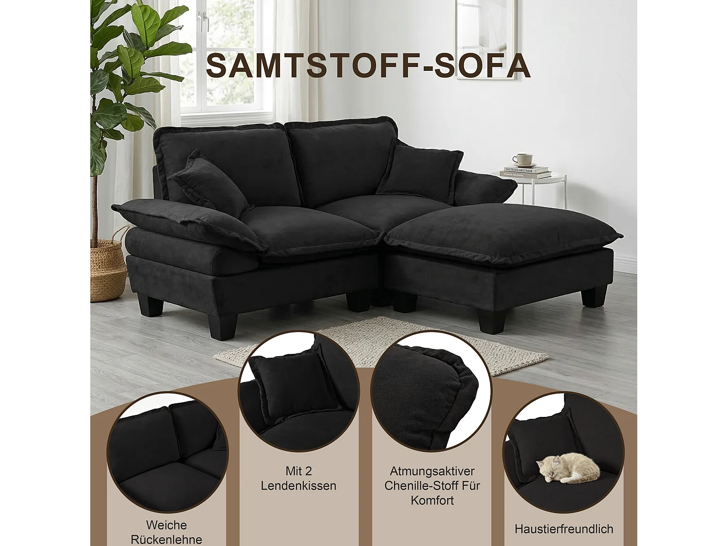 2-osobowa sofa modułowa ze schowkiem, z 2 zdejmowanymi podnóżkami, uchwytami na kubki i portami USB, czarna