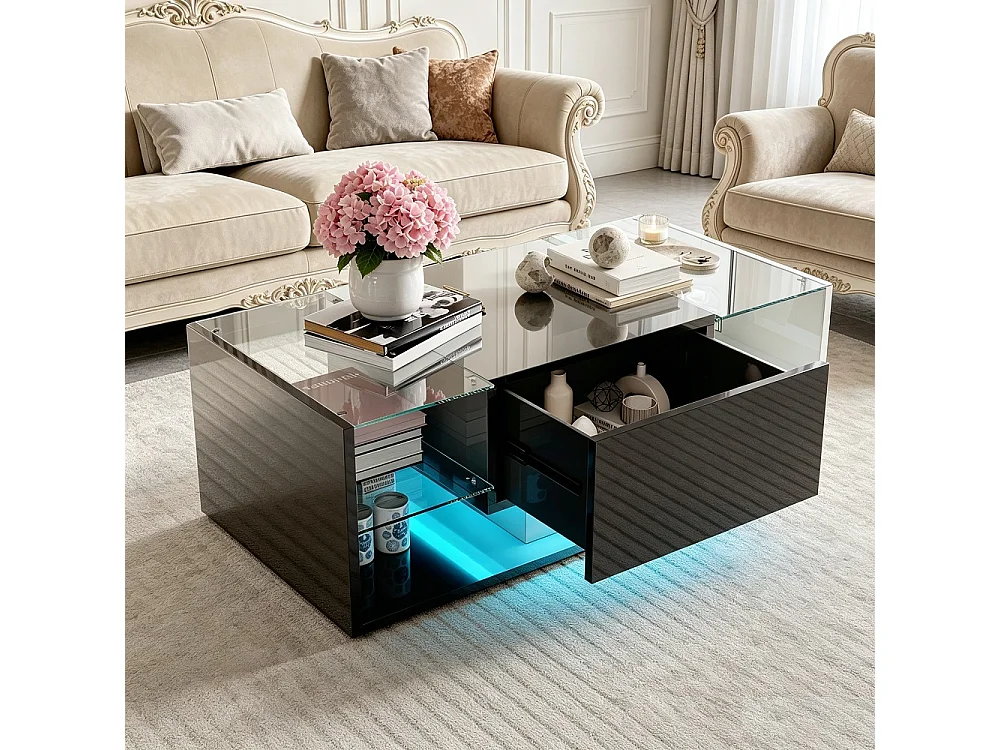 Table basse haute brillante - 100 x 50 x 35 cm - avec éclairage LED, tiroir et compartiment ouvert - Noir