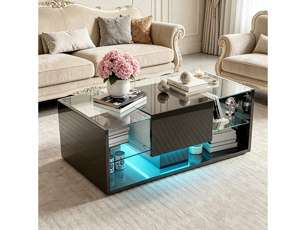 Table basse haute brillante - 100 x 50 x 35 cm - avec éclairage LED, tiroir et compartiment ouvert - Noir