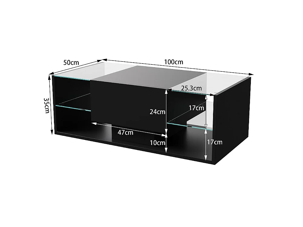 Table basse haute brillante - 100 x 50 x 35 cm - avec éclairage LED, tiroir et compartiment ouvert - Noir