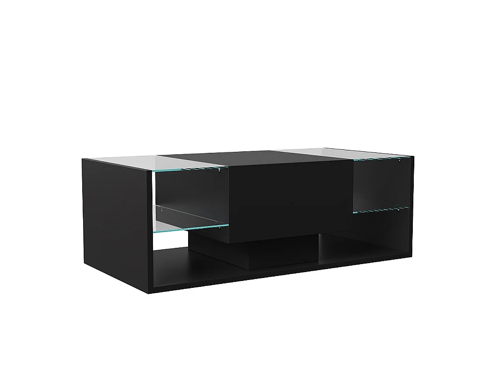 Table basse haute brillante - 100 x 50 x 35 cm - avec éclairage LED, tiroir et compartiment ouvert - Noir