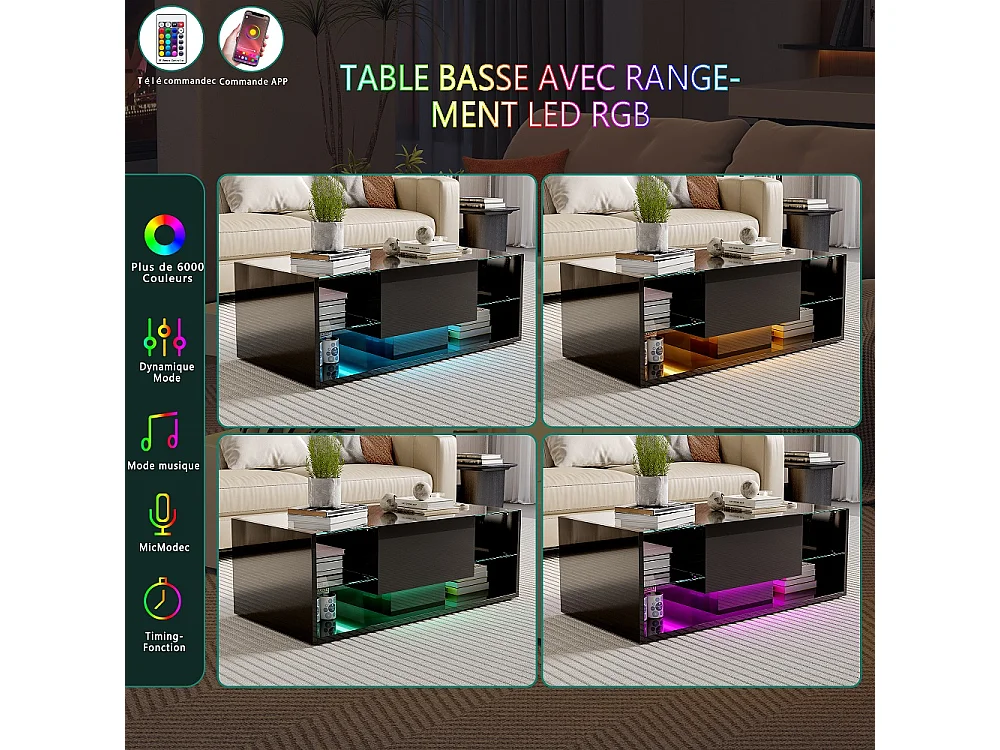 Table basse haute brillante - 100 x 50 x 35 cm - avec éclairage LED, tiroir et compartiment ouvert - Noir