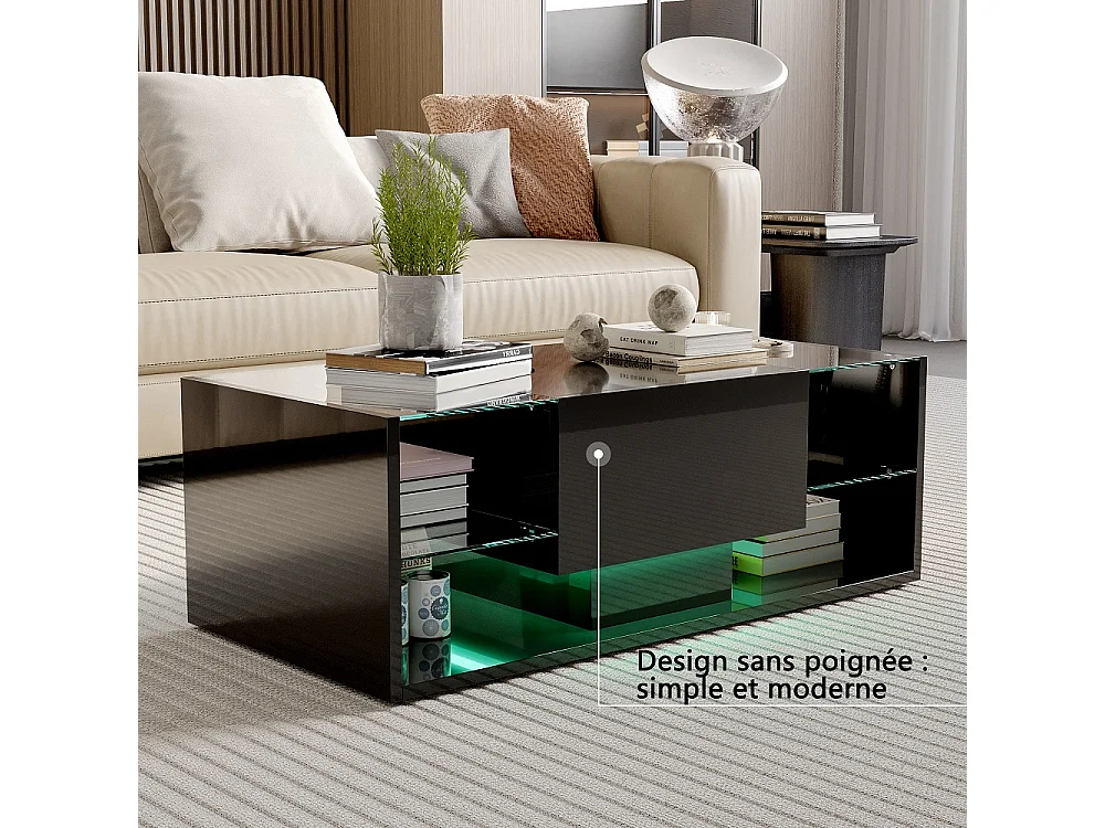 Table basse haute brillante - 100 x 50 x 35 cm - avec éclairage LED, tiroir et compartiment ouvert - Noir