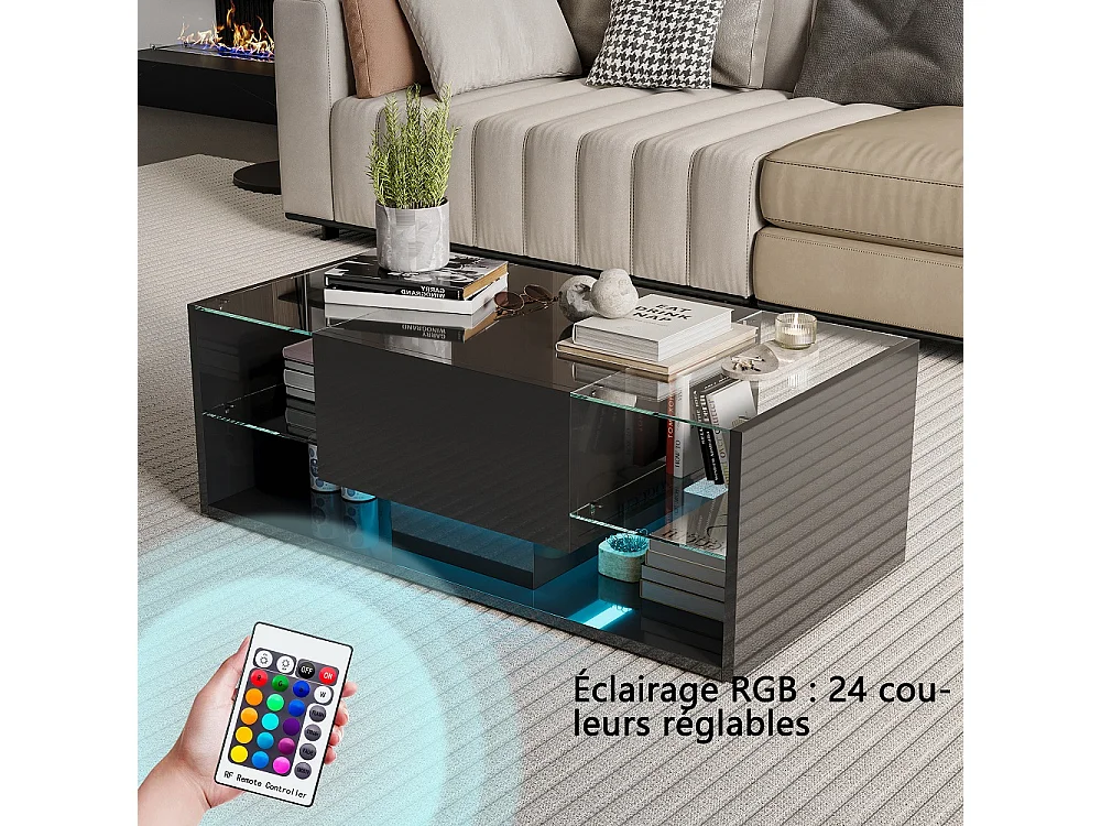 Table basse haute brillante - 100 x 50 x 35 cm - avec éclairage LED, tiroir et compartiment ouvert - Noir