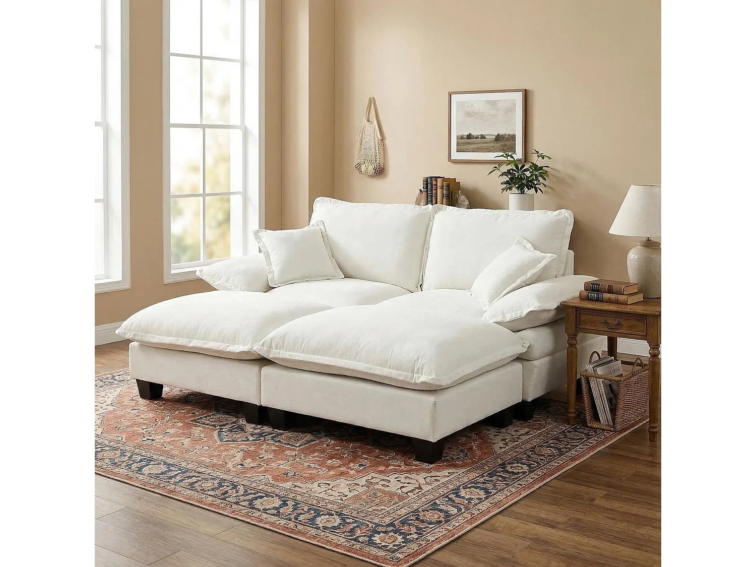 2-osobowa sofa modułowa z 2 zdejmowanymi podnóżkami i 2 poduszkami, z beżowej tkaniny szenilowej