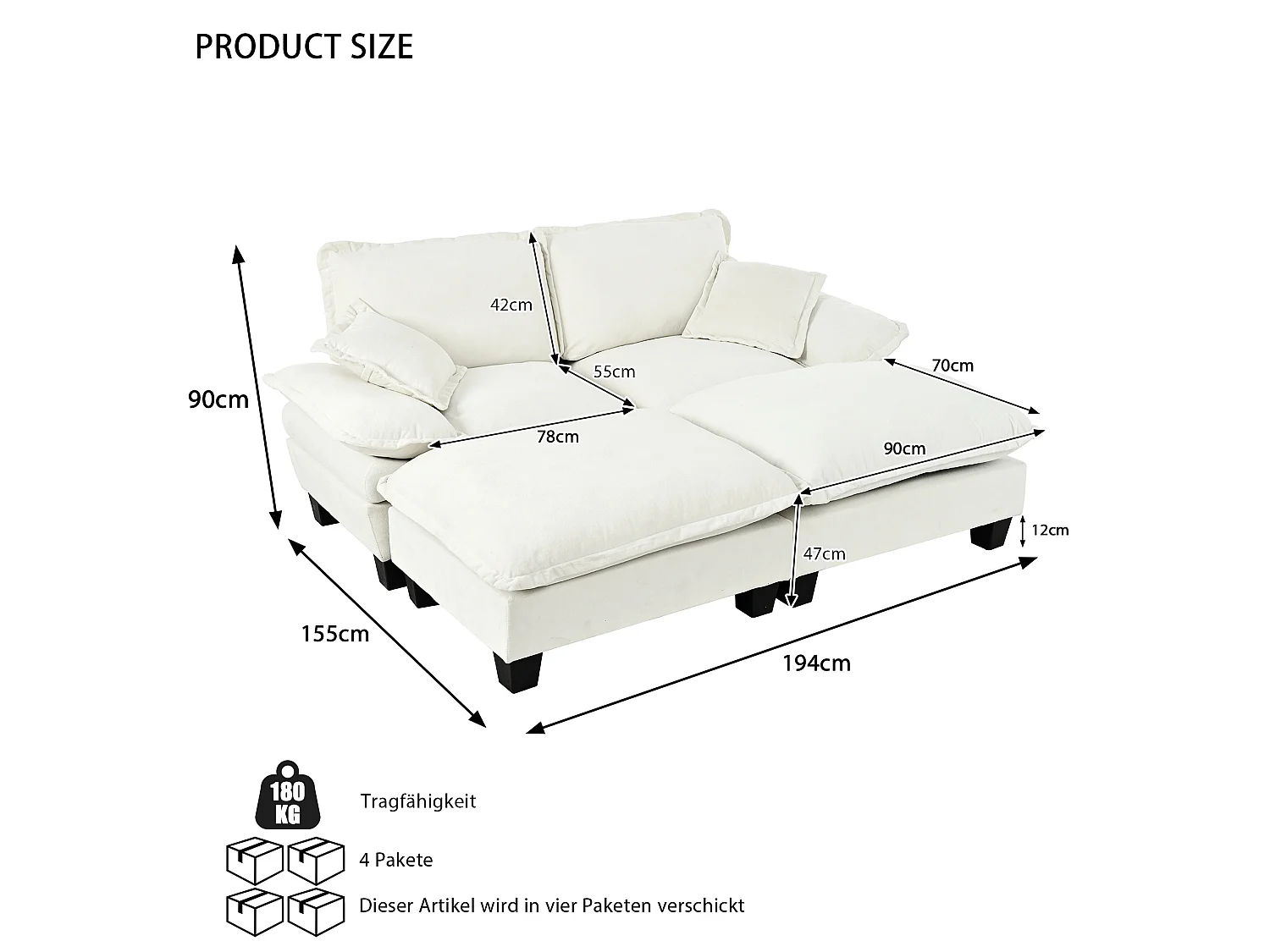 2-osobowa sofa modułowa z 2 zdejmowanymi podnóżkami i 2 poduszkami, z beżowej tkaniny szenilowej