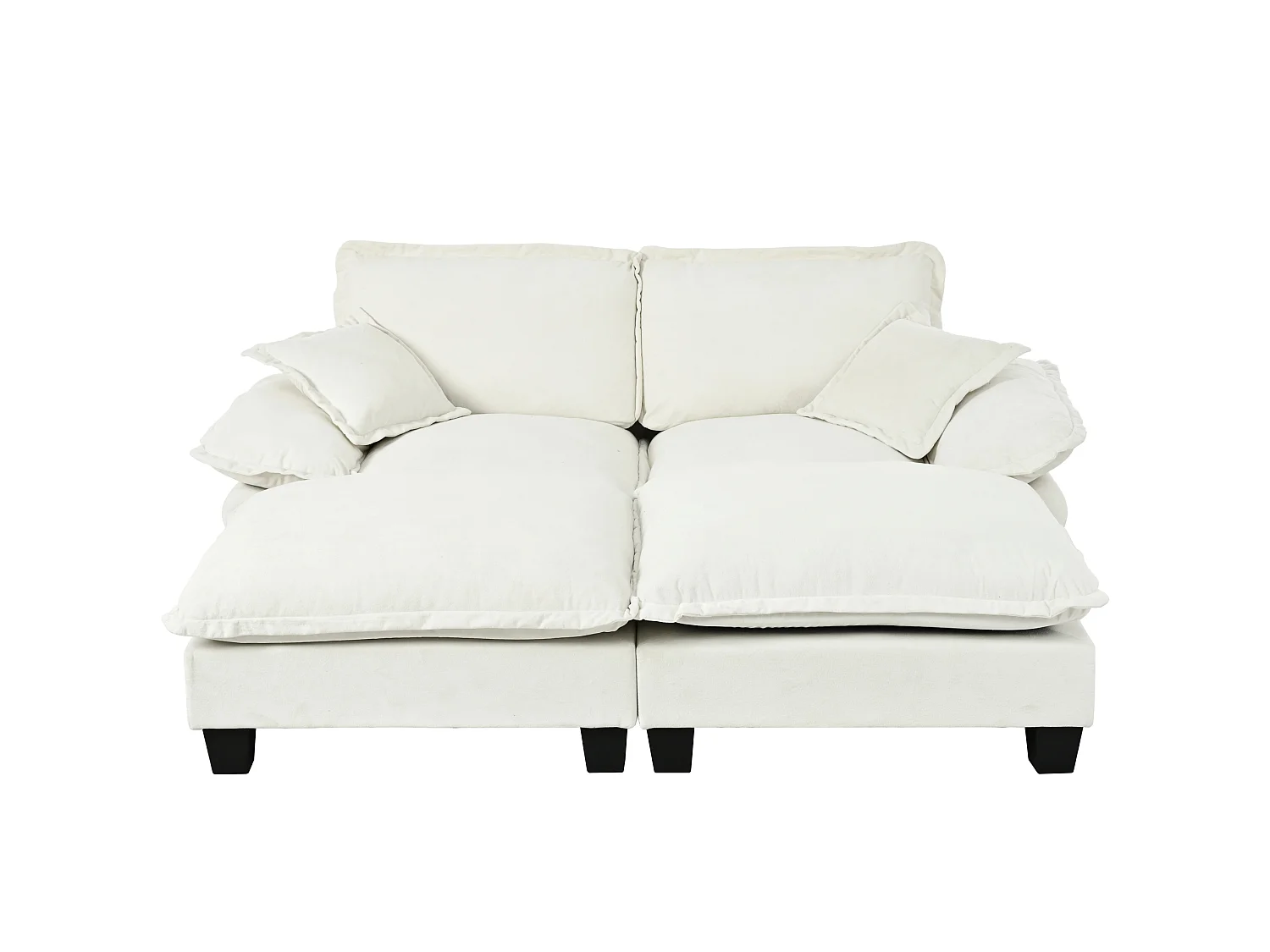 2-osobowa sofa modułowa z 2 zdejmowanymi podnóżkami i 2 poduszkami, z beżowej tkaniny szenilowej