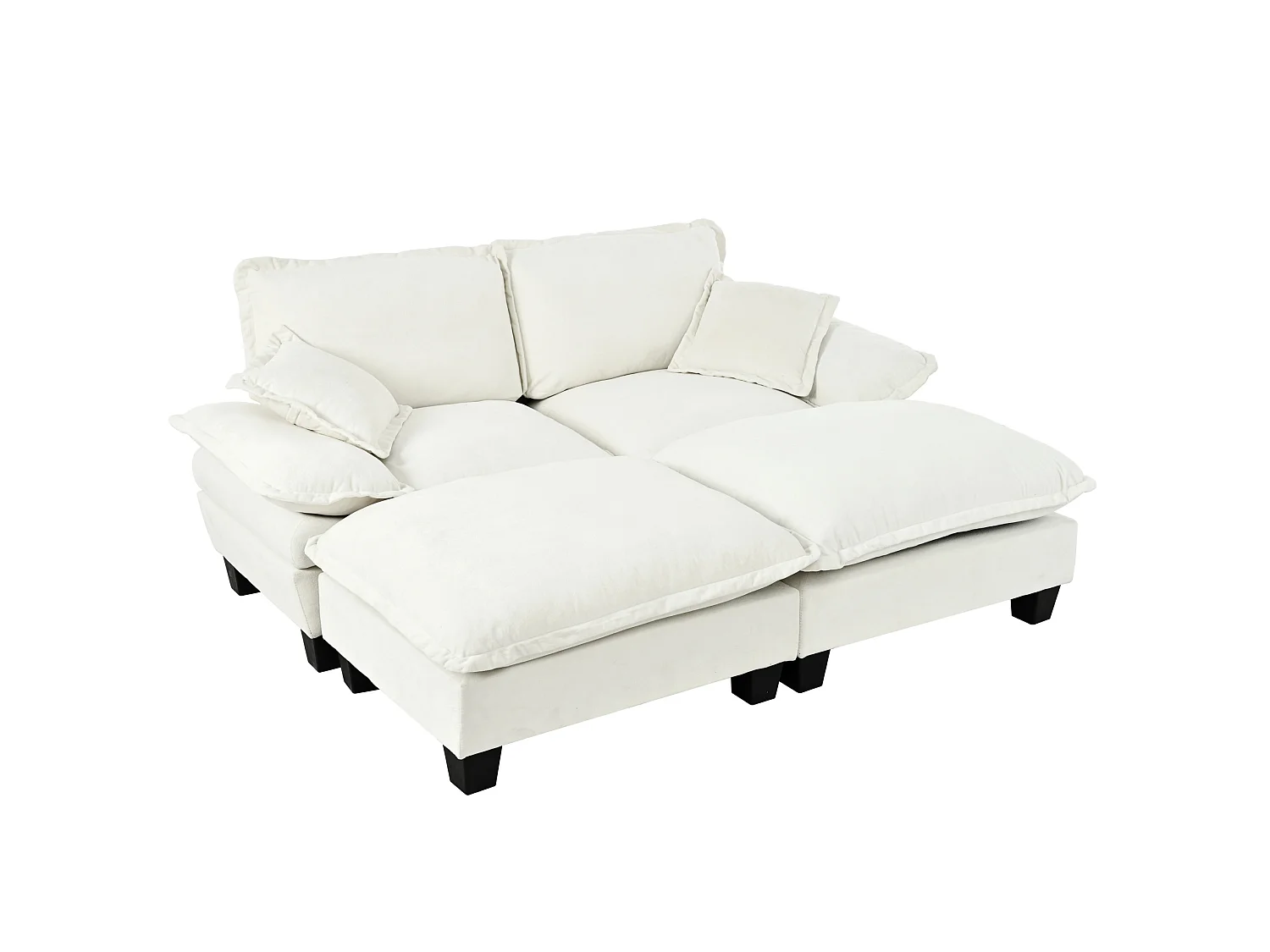 2-osobowa sofa modułowa z 2 zdejmowanymi podnóżkami i 2 poduszkami, z beżowej tkaniny szenilowej