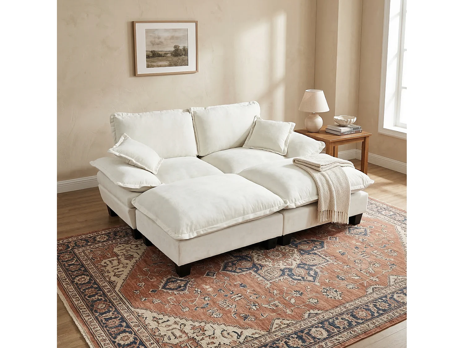 2-osobowa sofa modułowa z 2 zdejmowanymi podnóżkami i 2 poduszkami, z beżowej tkaniny szenilowej