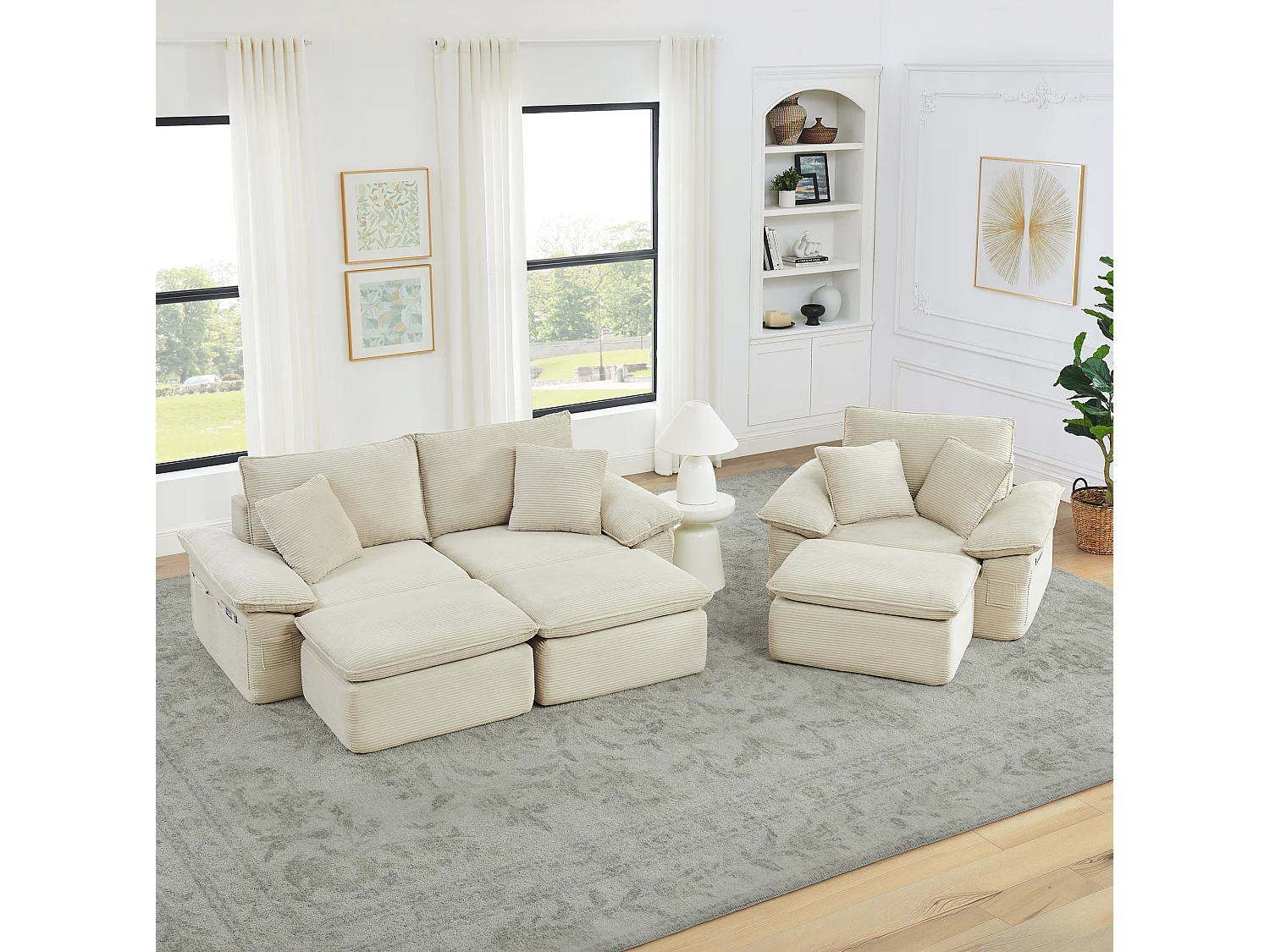 3-osobowa sofa modułowa z podnóżkiem i kieszeniami do przechowywania, z tkaniny, beżowa
