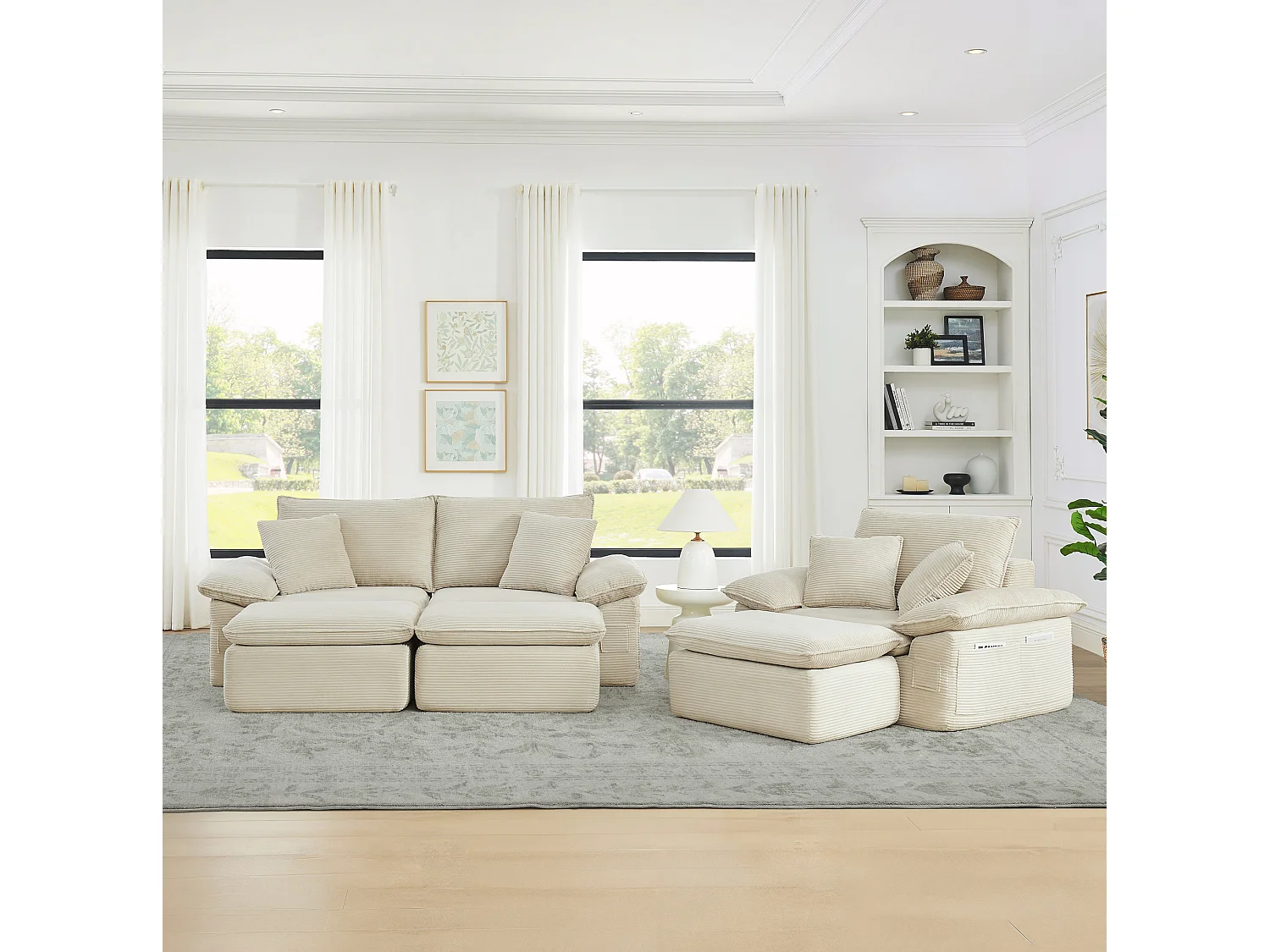 3-osobowa sofa modułowa z podnóżkiem i kieszeniami do przechowywania, z tkaniny, beżowa