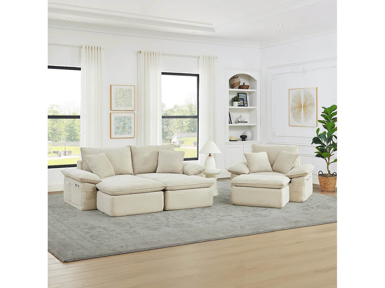 3-osobowa sofa modułowa z podnóżkiem i kieszeniami do przechowywania, z tkaniny, beżowa