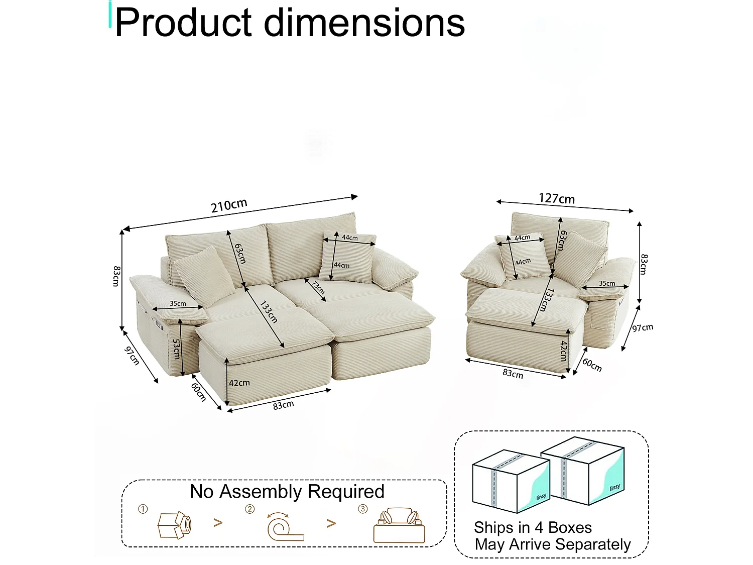 3-osobowa sofa modułowa z podnóżkiem i kieszeniami do przechowywania, z tkaniny, beżowa