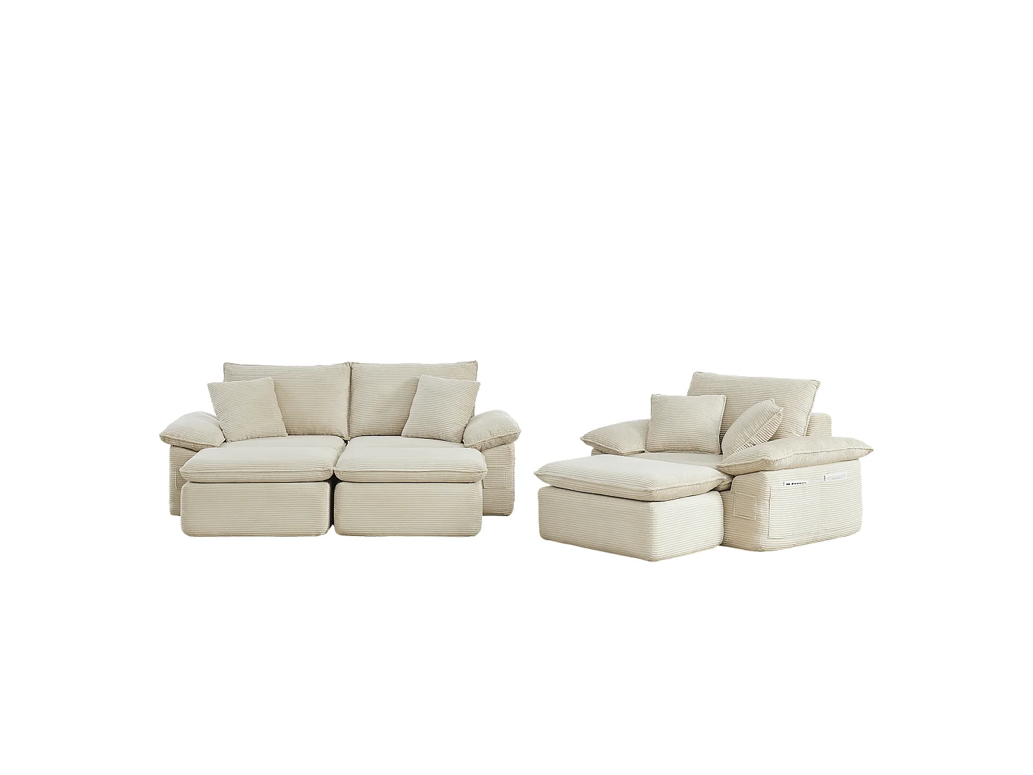 3-osobowa sofa modułowa z podnóżkiem i kieszeniami do przechowywania, z tkaniny, beżowa