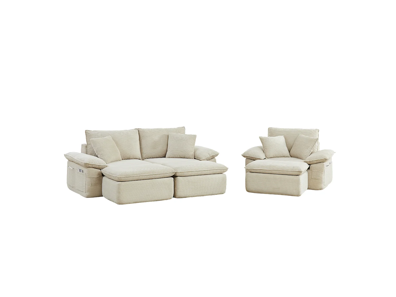 3-osobowa sofa modułowa z podnóżkiem i kieszeniami do przechowywania, z tkaniny, beżowa