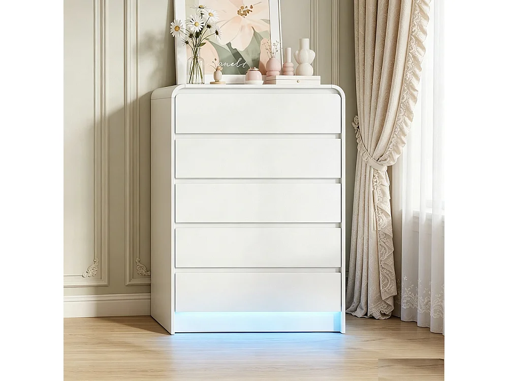Armoire de rangement - 110 x 73 x 40 cm - avec 5 tiroirs et lumière LED RVB - bois - Blanc