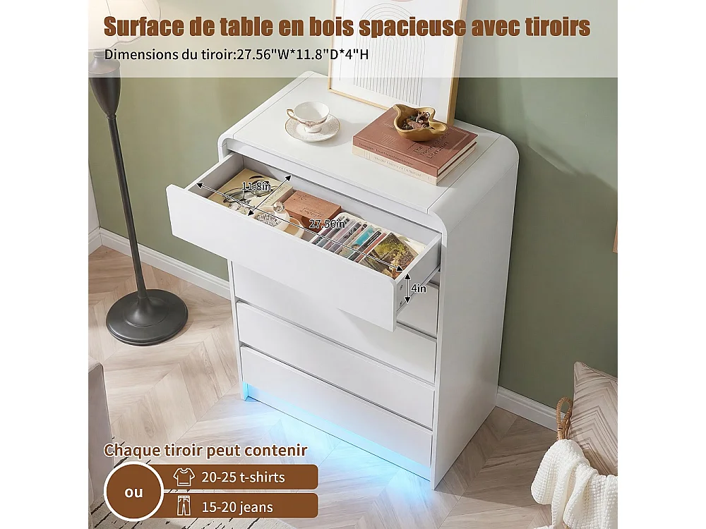 Armoire de rangement - 110 x 73 x 40 cm - avec 5 tiroirs et lumière LED RVB - bois - Blanc