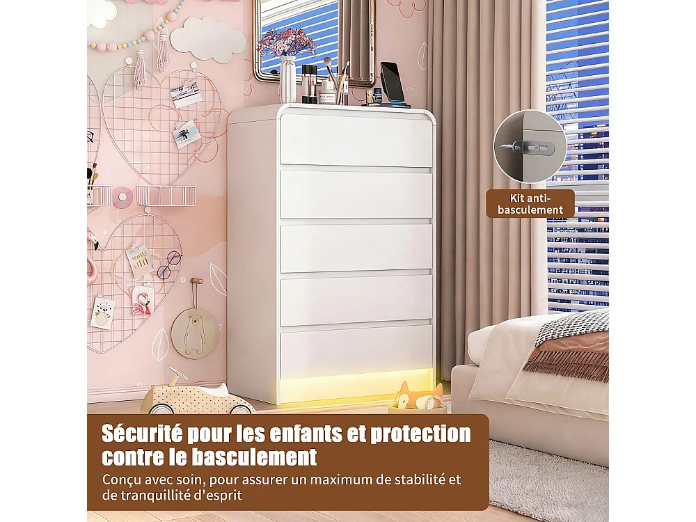 Armoire de rangement - 110 x 73 x 40 cm - avec 5 tiroirs et lumière LED RVB - bois - Blanc