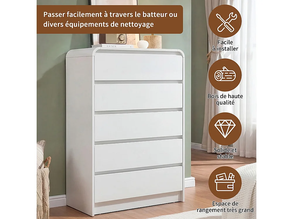 Armoire de rangement - 110 x 73 x 40 cm - avec 5 tiroirs et lumière LED RVB - bois - Blanc