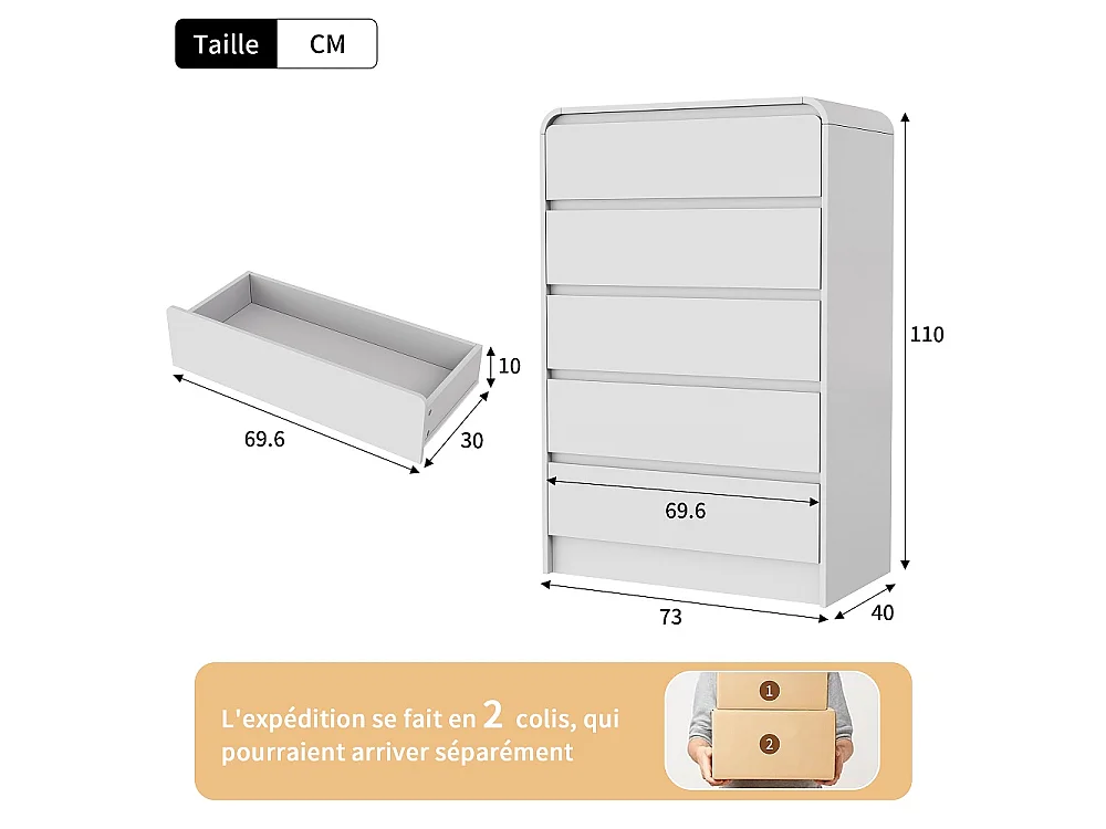 Armoire de rangement - 110 x 73 x 40 cm - avec 5 tiroirs et lumière LED RVB - bois - Blanc