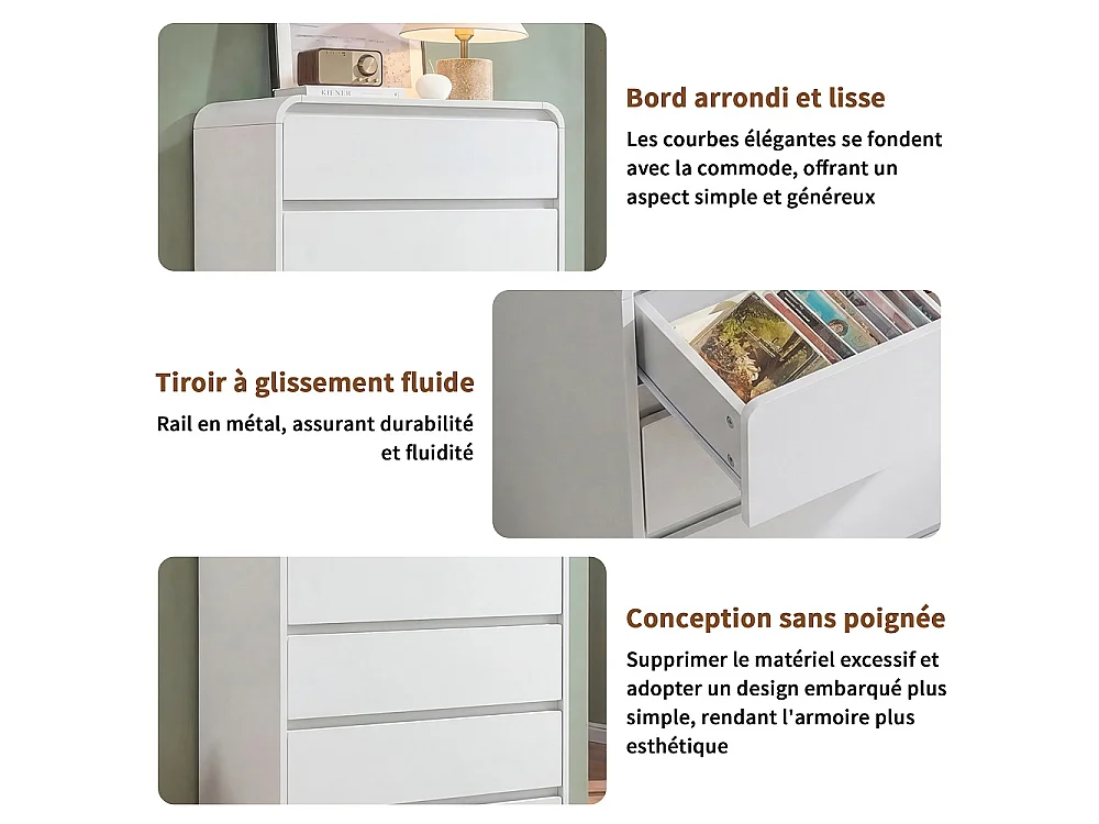 Armoire de rangement - 110 x 73 x 40 cm - avec 5 tiroirs et lumière LED RVB - bois - Blanc
