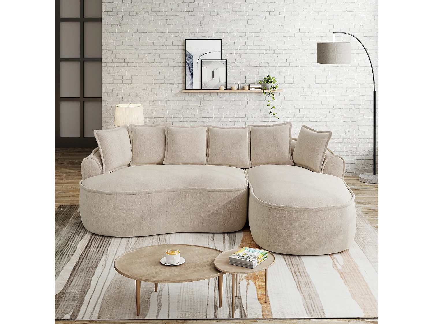 Canapé d'angle 3 places avec coussins de dossier et assise profonde, en chenille, taupe, angle à gauche, 252x164x67 cm