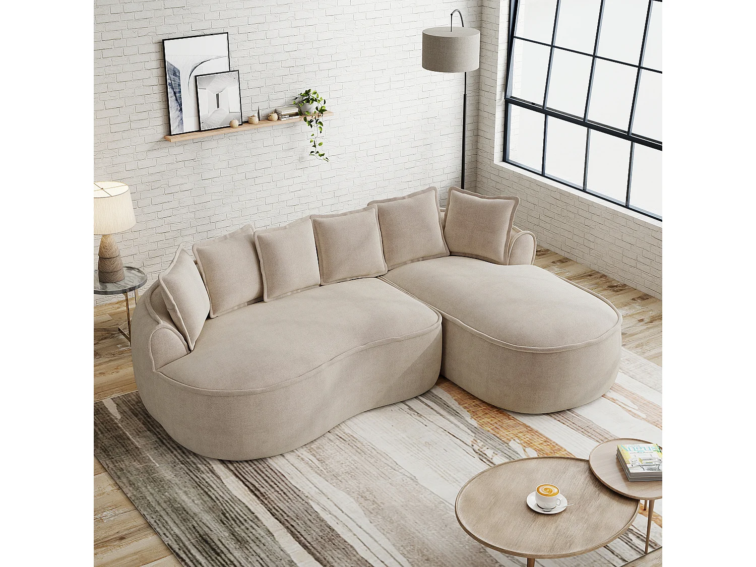 Canapé d'angle 3 places avec coussins de dossier et assise profonde, en chenille, taupe, angle à gauche, 252x164x67 cm