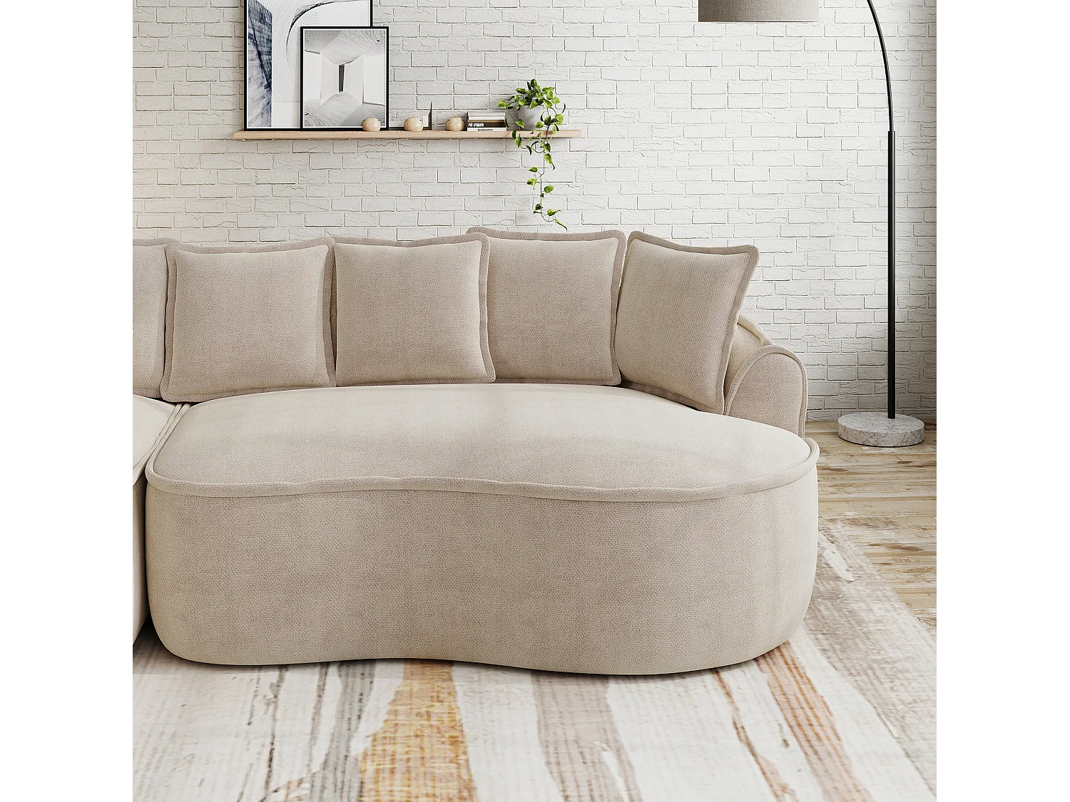 Canapé d'angle 3 places avec coussins de dossier et assise profonde, en chenille, taupe, angle à gauche, 252x164x67 cm