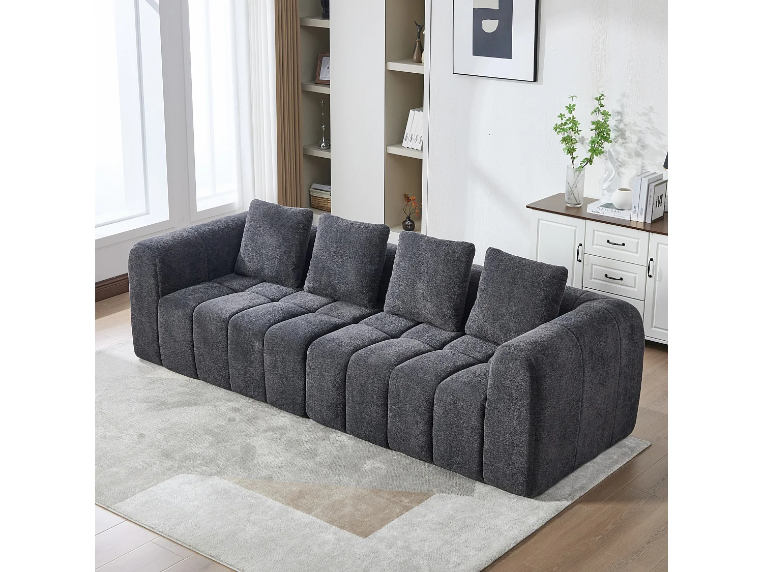 Canapé d'angle 4 places, modulable, en tissu velours, gris foncé