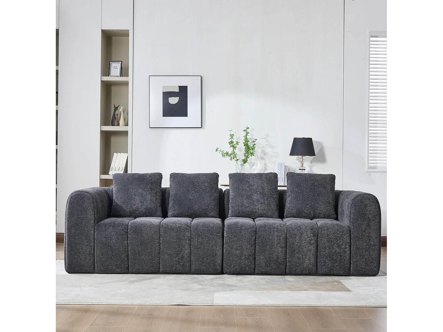 Canapé d'angle 4 places, modulable, en tissu velours, gris foncé