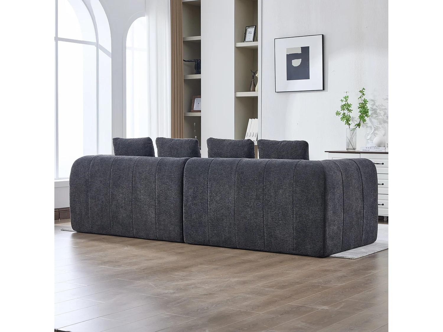 Canapé d'angle 4 places, modulable, en tissu velours, gris foncé