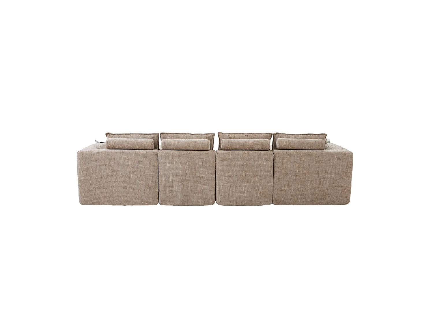 Sofá modular de 4 plazas con 2 pufs, cojines, portavasos y bolsillos laterales, en chenilla color caqui