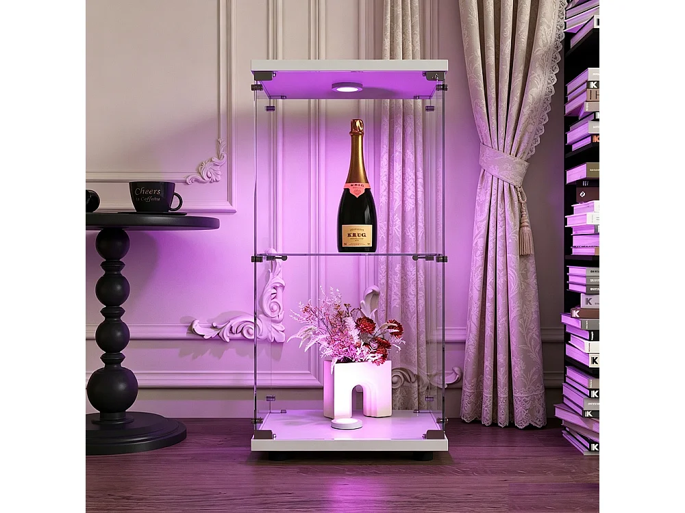 Affichage transparent à 2 niveaux - 86.2 x 40.3 x 36.5 cm - Porte simple avec éclairage LED - Verre trempé - Blanc