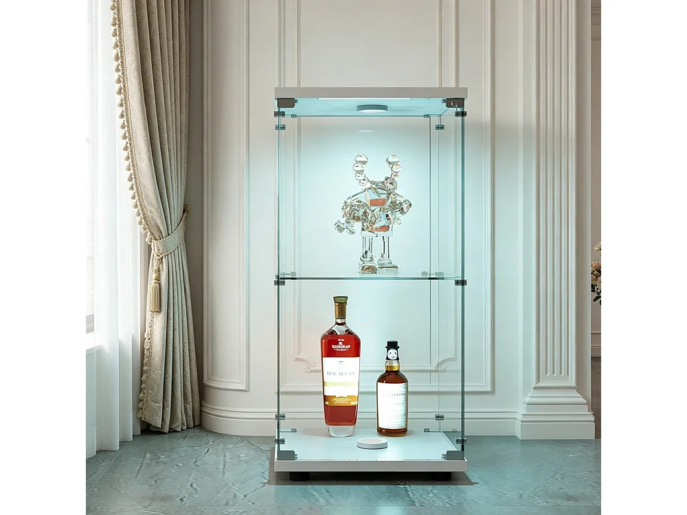 Affichage transparent à 2 niveaux - 86.2 x 40.3 x 36.5 cm - Porte simple avec éclairage LED - Verre trempé - Blanc