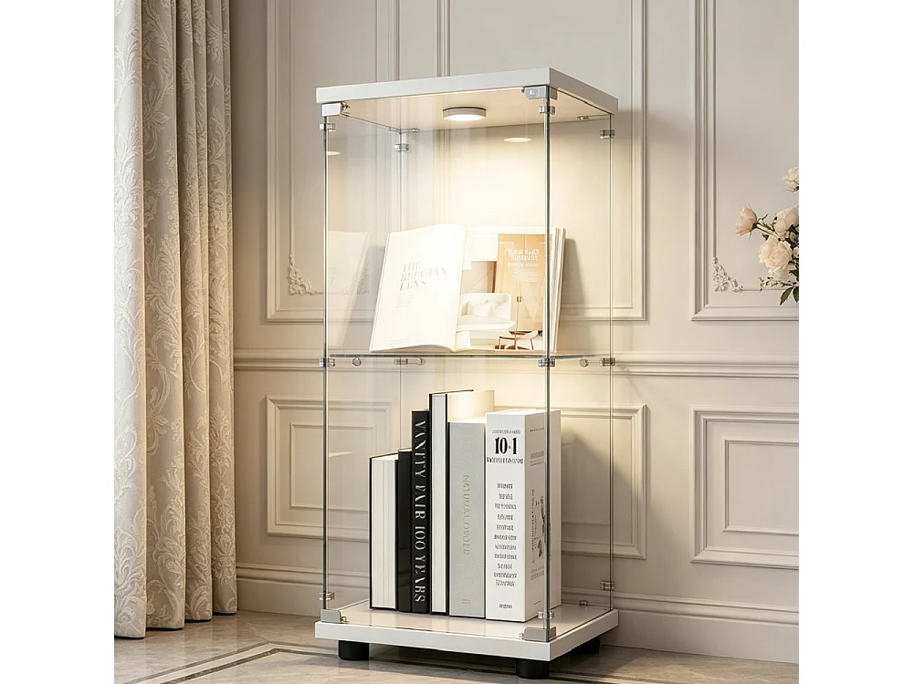Affichage transparent à 2 niveaux - 86.2 x 40.3 x 36.5 cm - Porte simple avec éclairage LED - Verre trempé - Blanc