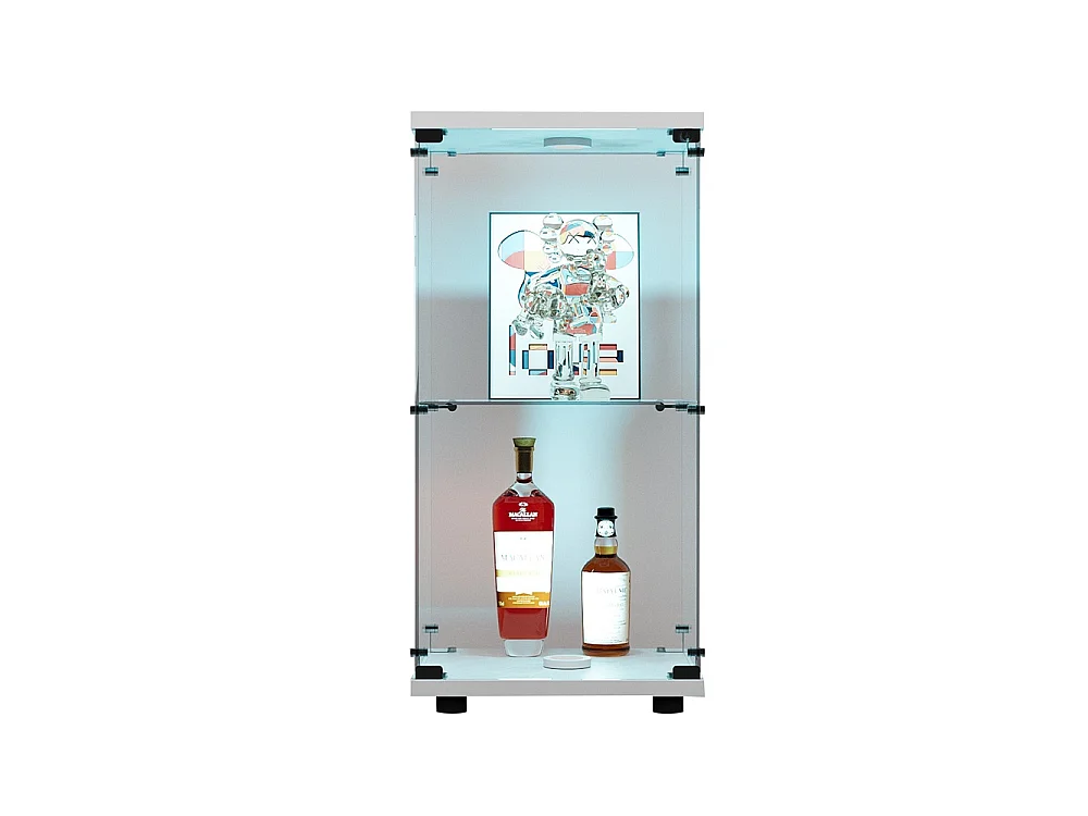 Affichage transparent à 2 niveaux - 86.2 x 40.3 x 36.5 cm - Porte simple avec éclairage LED - Verre trempé - Blanc