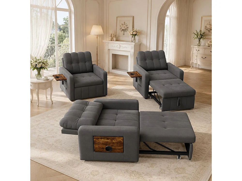 Canapé-lit extensible - avec dossier réglable, oreiller, porte-tasse - chaise couchante 3-en-1 - Chenille - gris