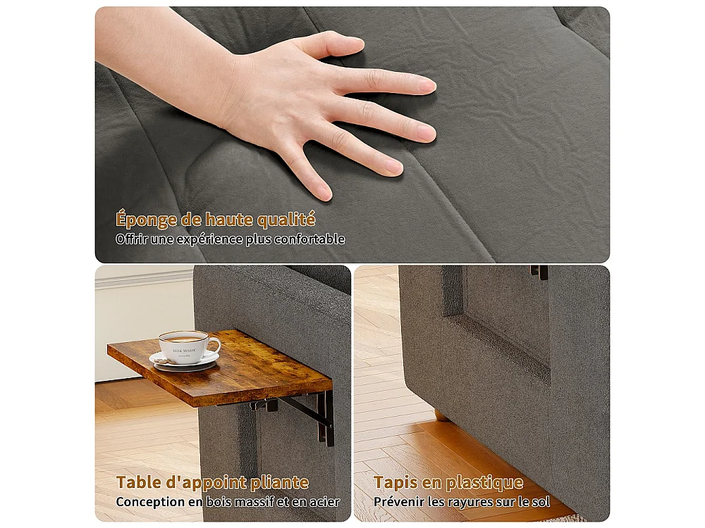 Canapé-lit extensible - avec dossier réglable, oreiller, porte-tasse - chaise couchante 3-en-1 - Chenille - gris